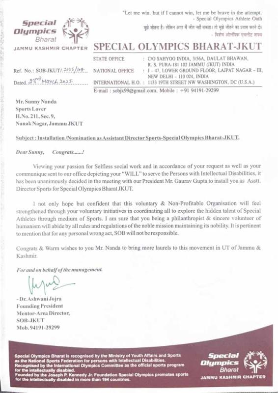 Sunny Nanda appointed as Assistant Director, Special Olympics Bharat J&K UT